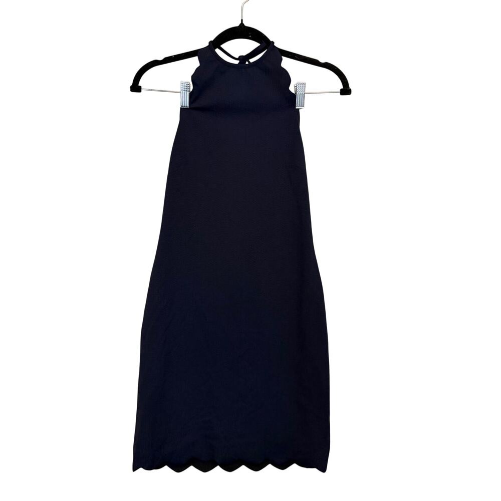 Marysia Resort Halter Mini Scalloped Dress Large Navy Blue Backless Stretch
